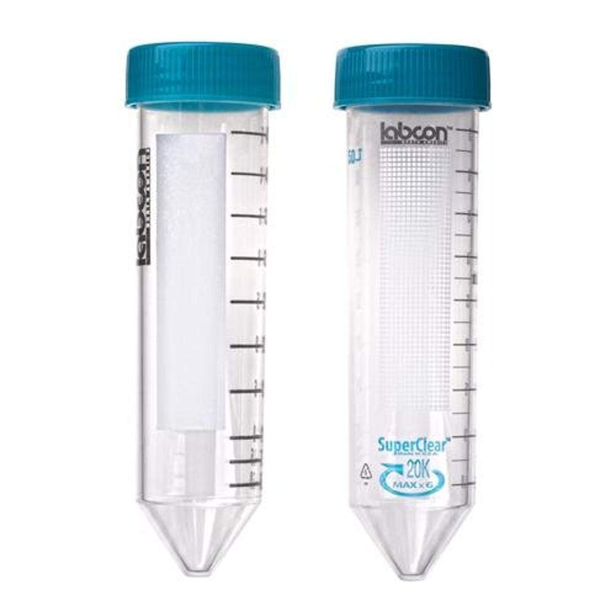 Labcon 3191-335-018 SuperClear Centrifuge Tube with Flat Cap & Printed Graduation, Sterile, 25mm Inside Diameter, 29mm Outside Diameter, Package in Rack