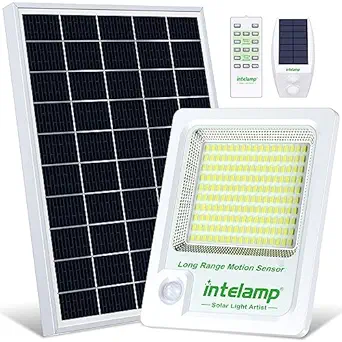 intelamp Solar Light Outdoor,12000mAh 2000LM Solar Motion Sensor Flood Security Lights with Remote Control, Solar Powered Outdoor Light Dusk to Dawn with 16.4Ft Cable IP65 for Garden,Farm,Garage