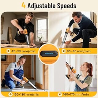 Uaoaii Electric Caulking Gun, Cordless Caulking Gun with 2x 2000mAh Batteries, 9Pcs Silicone Caulking Tools, 4 Adjustable Speeds, LED Light, 10OZ Battery Silicone Gun for Filling, Sealing (Yellow)