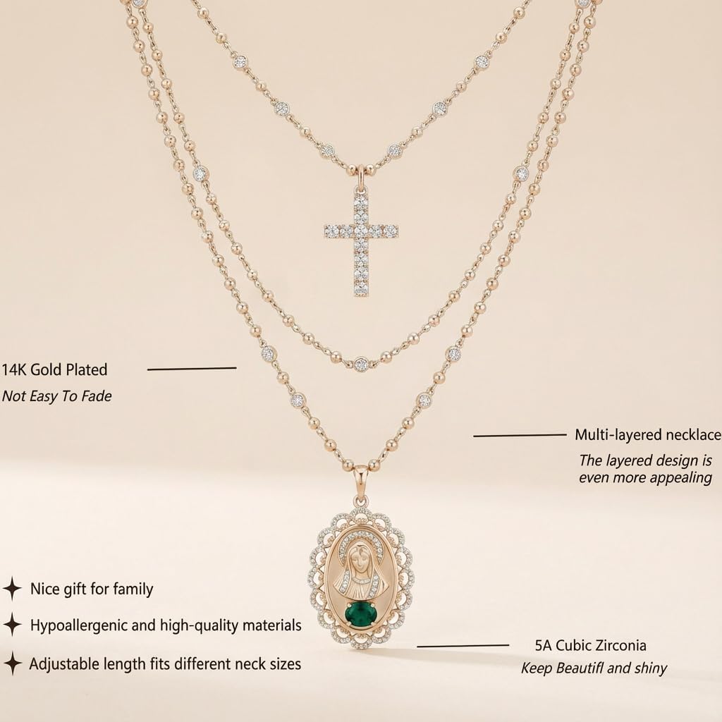 14K Gold Plated Virgin Mary Necklace for Women, Layered Blessed Mother Necklace with CZ Cross & Ruby Accents, Miraculous Medal Gold Marian Charm Beaded Chain Christian Jewelry Gift for Her