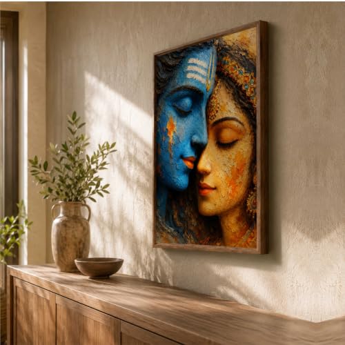 Image of Livin'luxe Shiv Parvati Face Wall Painting for Living Room Bedroom Hall Office Decor, Devotional Artwork with Sparkle Laminate and Premium Wooden Synthetic Frame (25.5 x 37.5 Inch) NXL01-4112