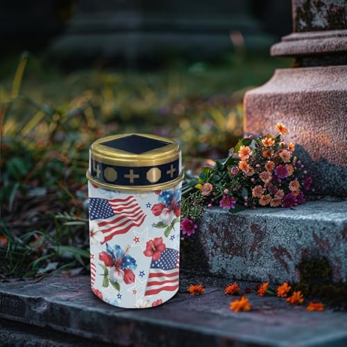 Image of Poceacles American Flag Hibiscus Flower Outdoor Solar Lights Garden Cemetery Flameless Candle America 250th Anniversary Printed Solar Garden Stake Lights for 4th of July Decorations, Pack of 4