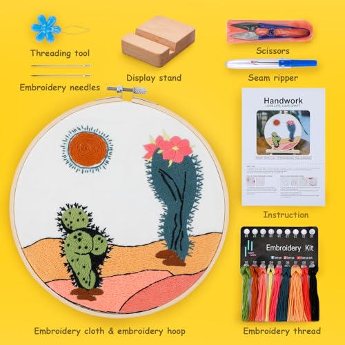 Image of BERYA Funny Cactus Embroidery Kit with Embroidery Hoop, Easy Embroidery Kit for Beginners, Include Instructions, Display Stand, Printed Cloth, Threads and Tools - with Video Tutorials (BEC003)
