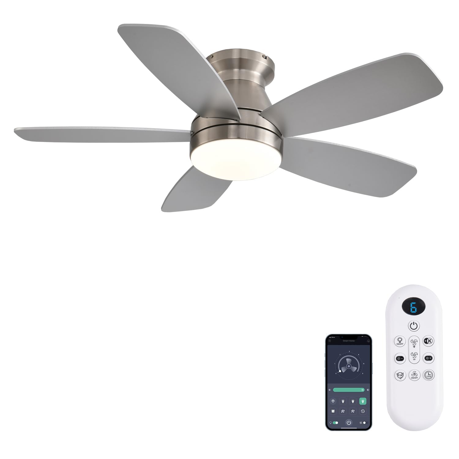 Photo 1 of **Parts Only*** JSAITEE Ceiling Fans with Lights, 42 Inch Low Profile Ceiling Fan with Light and Remote/App Control, Flush Mount, Reversible, 3CCT, Dimmable, Noiseless, Nickel Ceiling Fan for Indoor/Outdoor Use