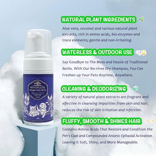 Waterless Dog Shampoo No Rinse, Dry Shampoo for Dog Odor Control and Itching Skin Relief, Mild Formula for Sensitive Skin. Dog Dry Shampoo for Smelly Dogs, Puppies and Kittens Waterless Dog Shampoo No Rinse, Dry Shampoo for Dog Odor Control and Itching Skin Relief, Mild Formula for Sensitive Skin. Dog Dry Shampoo for Smelly Dogs, Puppies and Kittens