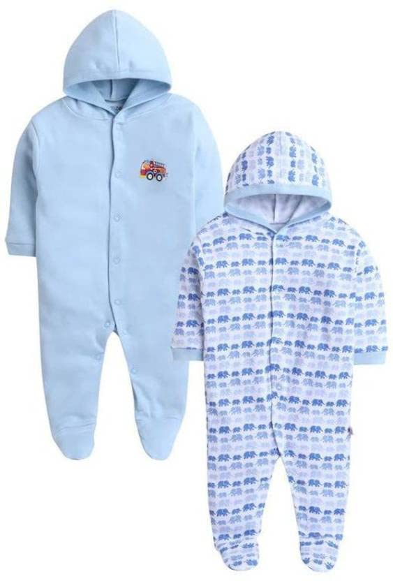 Image of Pooja Baby Front Open Full Sleeves Sleepsuit Hooded with Foot Easy Dressing and Diapering Romper Set of 2