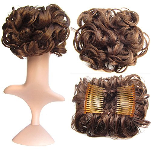 SWACC Short Messy Curly Dish Hair Bun Extension Easy Stretch hair Combs Clip in Ponytail Extension Scrunchie Chignon Tray Ponytail Hairpieces (Dark Brown Medium Auburn Mixed-4/30#)