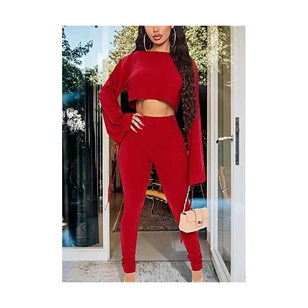 Two Piece Outfits for Women, Long Sleeve Crop Top and Bodycon Pants Tracksuit Sets, Fashion 2 piece Clubwear Sweatsuit - red - S