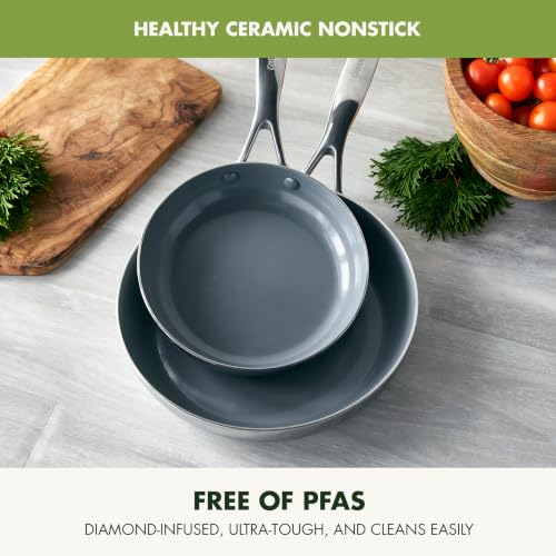 Image of GreenPan Valencia Pro Ceramic Nonstick 9.5 inch & 11 inch Frying Pan Skillet Set, Hard Anodized PFAS-Free Cookware, Induction Ready & All Cooktops, Eggs & Omelets, Dishwasher & Oven Safe to 600F, Gray