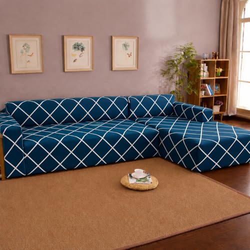 Image of Gifts Island Premium 160GSM Super Soft Peacock Grill Stretchable Sofa Cover L Shape 6 Seater Fully Covered | Suitable for Both Left and Right Side Chaise Sofa (Peacock Grill, 3+3 Seater)