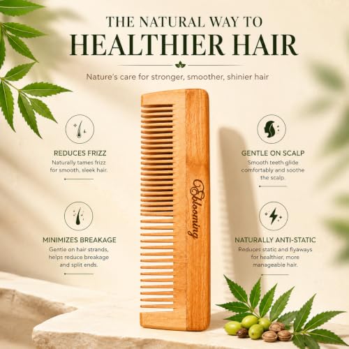 Image of Neem Wooden Hair Comb | Dual Tooth Wooden Comb for Women & Men | Wide & Fine Tooth Detangling Comb | Smooth Rounded Teeth for Everyday Hair Care & Styling | 1 Piece