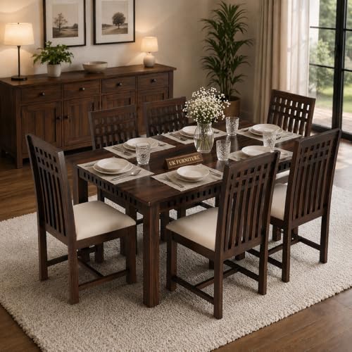 Image of UK FURNITURE Solid Sheesham Wood Dining Table Set with 6 Chairs | Wooden Dinner Table Set for Dinning Room Home & Hotel| Modern Dining Room Set | DIY (Walnut 6s, 6 Seater)