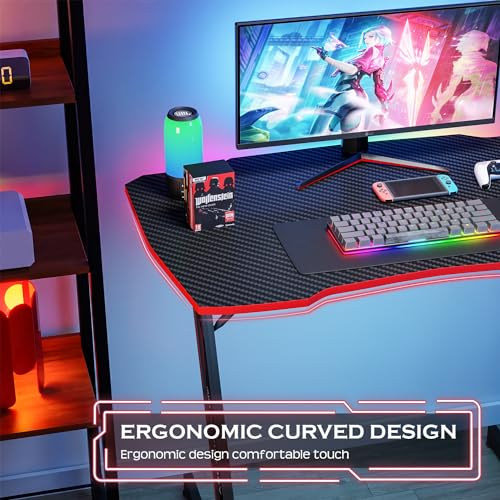 Image of PayLessHere | 35 inch Gaming Table | Red | Z-Shaped Computer Desk with Steel Frame, Headphone Hook, Adjustable Feet | Carbon Fiber Texture Surface, Sweat & Waterproof | for Gaming, Home Office