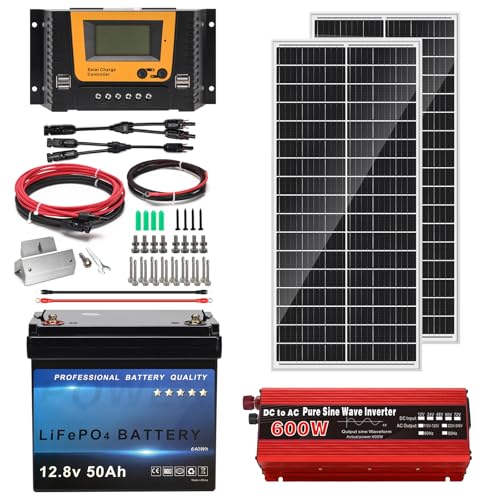 200 Watt Solar Starter Kit, 200W Mono Solar Panels+12V 50Ah LiFePO4 Battery with BMS+600W Pure Sine Wave Inverter+40A PWM Charge Controller, for Off-Grid, RV, Campsite, Cabin (3 Parcels Delivery) - Best Complete Solar Panel Starter Kit