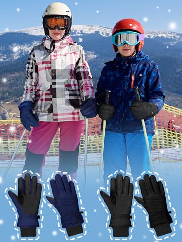 Image of SATINIOR 2 Pairs Kids Waterproof Winter Snow Gloves Ski Gloves for Boy Girl Outdoor Warm Thickening Snowboard