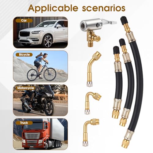 Image of Brass Tire Valve Extension, 7 Pack Universal Flexible Tire Valve Extenders with 45 /90 / 135Angles and Tires Inflator Hose Adapter Tires Valves Extension Adaptor for Various Models