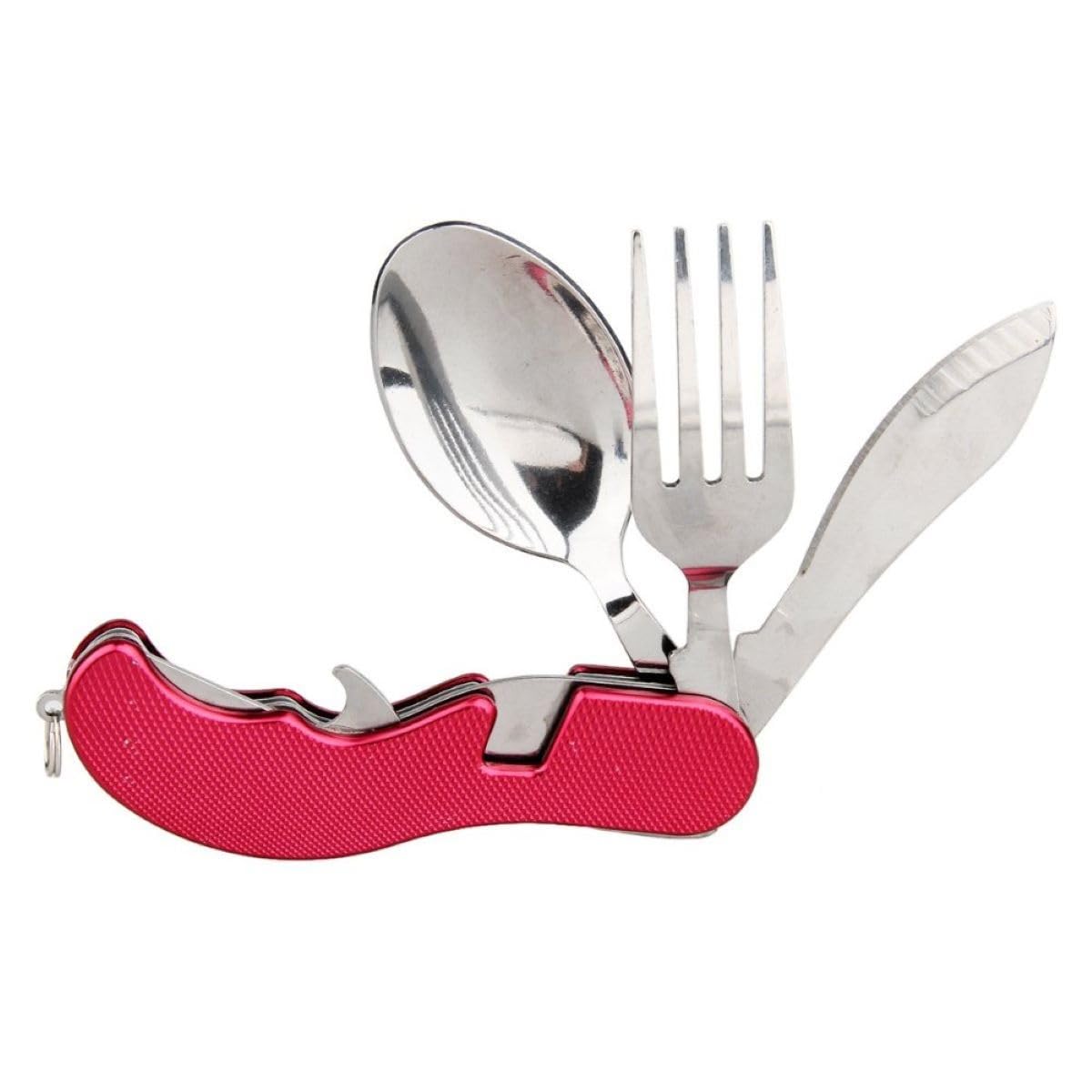 MOMISY 4 in 1 Detachable Multi-Tool Picnic Camping Stainless Steel Folding Cutlery Set Pocket Knife Fork Spoon Bottle Opener-Red
