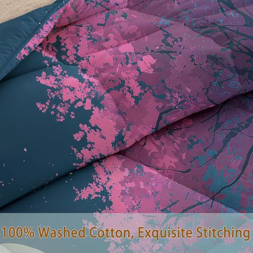 Couette 4 Saisons 220x240 cm en coton lavé haute qualité imprimé lune et fleurs de cerisier