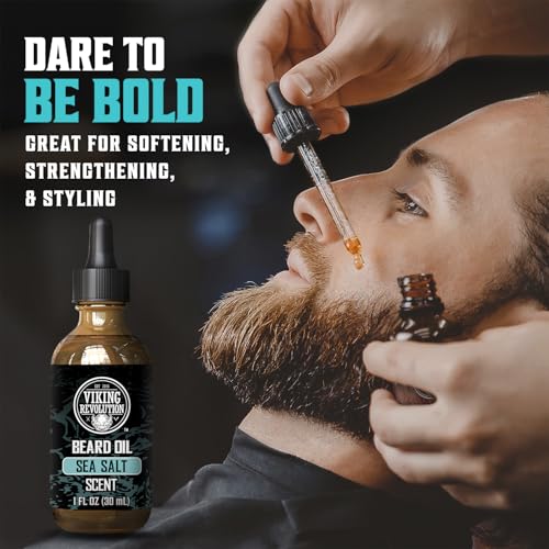 Image of Viking Revolution Beard Oil - Sea Salt - 1 fl oz | 100% Natural Ingredients - Formulated with Argan Oil & Jojoba Oil - Softens Rough Hair & Hydrates Skin - Sea Salt Scent