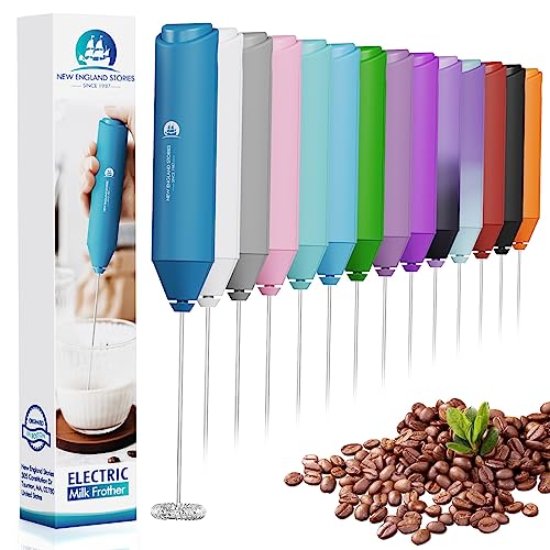 Image of England Stories Electric Milk Frother Handheld, Battery Operated Whisk Beater Foam Maker for Coffee, Cappuccino, Latte, Matcha, Hot Chocolate, Mini Drink Mixer, No Stand, Metal Blue