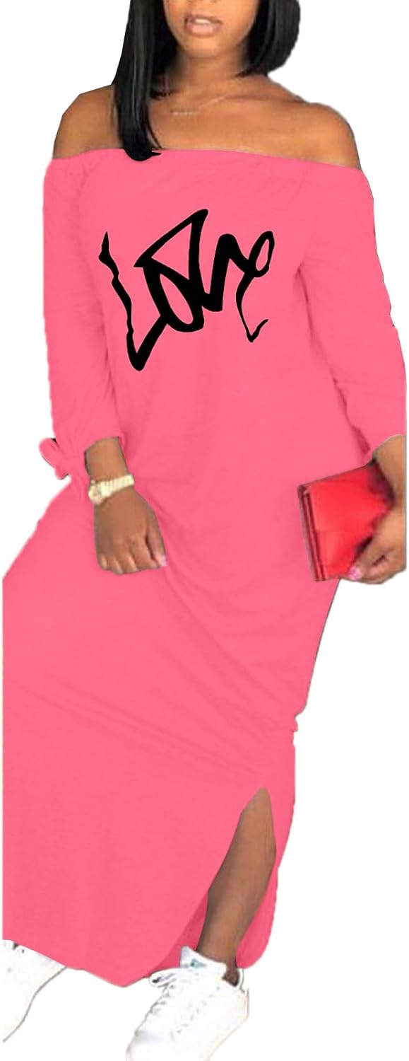 Women's Casual Off Shoulder Maxi Dress - African Print Summer Loose Long Sleeve Tunic T Shirt Dresses with Pockets