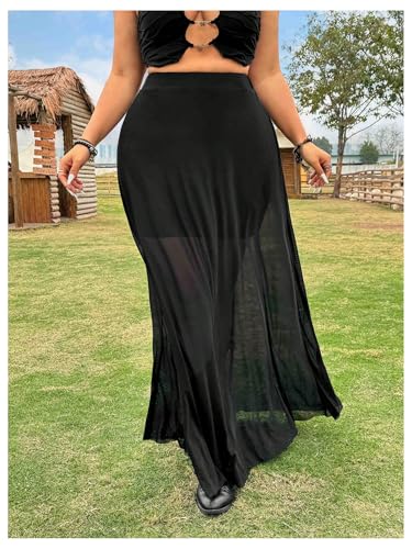 Women's Plus Size Mesh Maxi Skirt Y2k Sheer Elastic High Waist Summer Long Skirts3