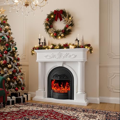 Image of 50 inch Solid Wood Electric Fireplace with Mantel, White Roman Column TV Stand with Black Arched Birdcage Heater Insert, Elegant Fireplace for Living Room, Bedroom & Entryway