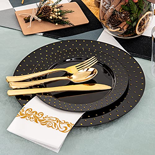 Liacere 175Pcs Black Plastic Plates - Black And Gold Plastic Plates - New Years Plates Include 25Dinner Plates, 25Dessert Plates, 75Cutlery, 25Cups, 25Napkins Ideal For Party & Wedding&New Year #TOP1