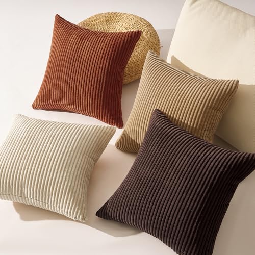 Image of Topfinel Beige Brown Throw Pillow Covers Rustic Modern Soft Corduroy Striped Decorative Cushion Cover 16x16 Inch Gradient Farmhouse Pillow Case Set of 4 for Sofa Couch Living Room Bedroom