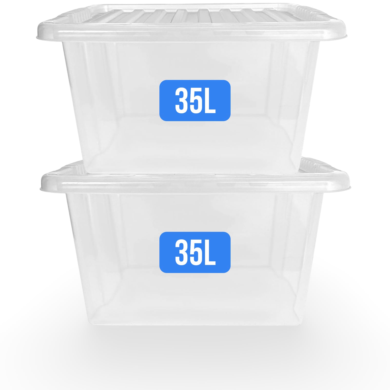 Kapco Transparent Clear Boxes With Lids 35 Litre (Set Of 2) | Plastic Storage Box For Shoe, Kitchen, Garage, Loft, Moving, Clothes | 35L Strong, Stackable, Bpa-Free, Durable Containers | Made In U.k