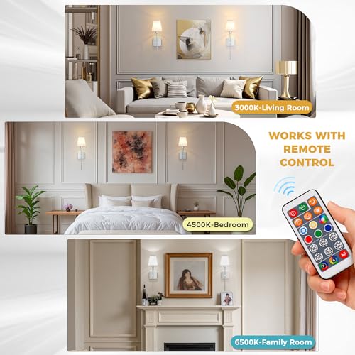 Image of DORESshop Battery Operated Wall Sconce Set of 2, Chrome Rechargeable Wall Lights, Sconce Wall Decor Set of 2, 7 Colors Mode Wireless Sconces for Bedroom Living Room Hallway