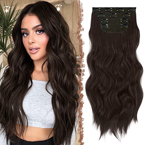 FESHFEN Extensiones de Clip de Pelo, 4 Piezas 11 Clips Cabello Extensiones con Clips en Extensiones de Cabello Postizo Sintético Ondulado 50 cm 180g Extensión de Cabello Marrón Oscuro