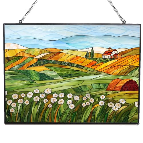 365CUSGIFTS Customized Rectangle Vintage Wheat Field Stained Glass Window Hanging Suncatcher Stained Glass Home Decor Garden Halloween Christmas Party Wedding Housewarming Gifts