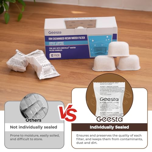 Image of Geesta 12-Pack Resin Water Filters for Breville BWF100 | Replacement Filters for Breville Espresso Machine Barista Express, Ion Exchange Resin Softens Water, Reduces Impurities