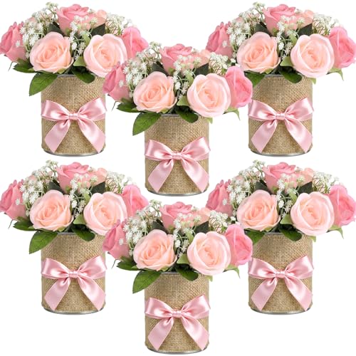 Suncalla 45 Pcs/6 Set Floral Baby Shower Decorations for Girl Rustic Vase Table Centerpieces with Burlap Bow Pink Flower Metal Vases Decor for Baby Girls Wedding Reception Picnic Party Table Decor