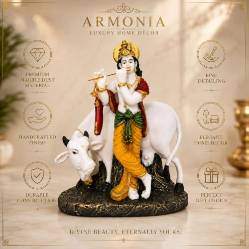 Image of ARMONIA Premium Radha Krishna Idol with Kamdhenu Cow | Marble Dust Radhe Krishna Murti Statue for Mandir, Living Room & Office Decor | Diwali, Janmashtami, Wedding & Housewarming Gift | 11 Inches