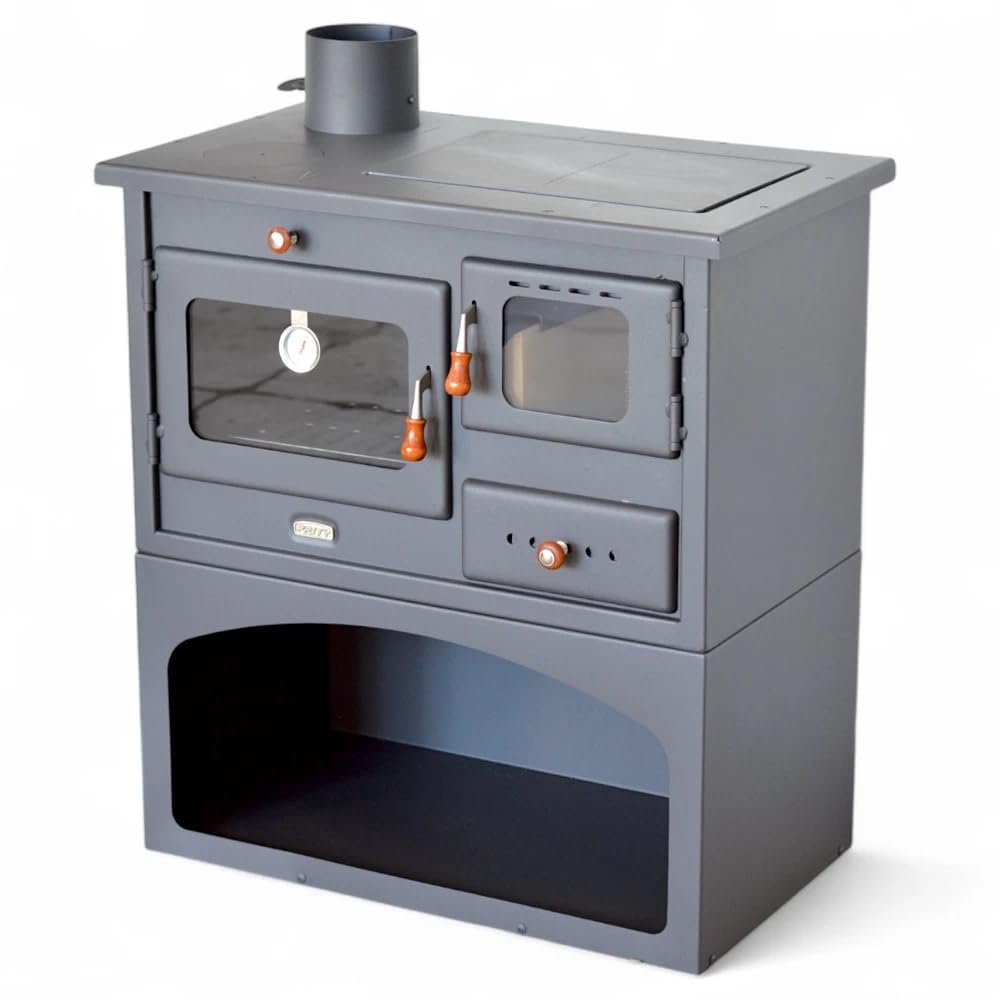 Prity 1P34 Holzofen mit Backofen, linksöffnend, Türscharnier links, Gusseisen-Oberseite, CE-zertifiziert, Festbrennstoffkocher