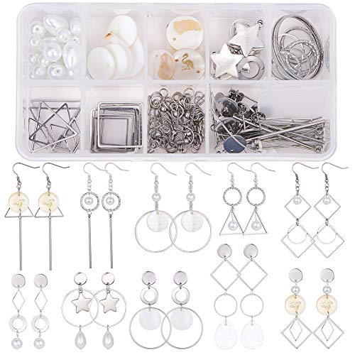 SUNNYCLUE 1 Box DIY 10 works Geometric Hollow Earring Making Starter Kit Classic Round Square Heart Triangle Connectors with Shell Charms