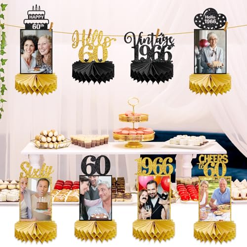Image of Eucutur 8Pcs 60th Birthday Decorations Honeycomb Centerpieces for Women Men, Black Gold Vintage 1966 60th Bday Photo Table Centerpieces Party Supplies, Glitter Cheers to 60 Year Old Bday Table Topper