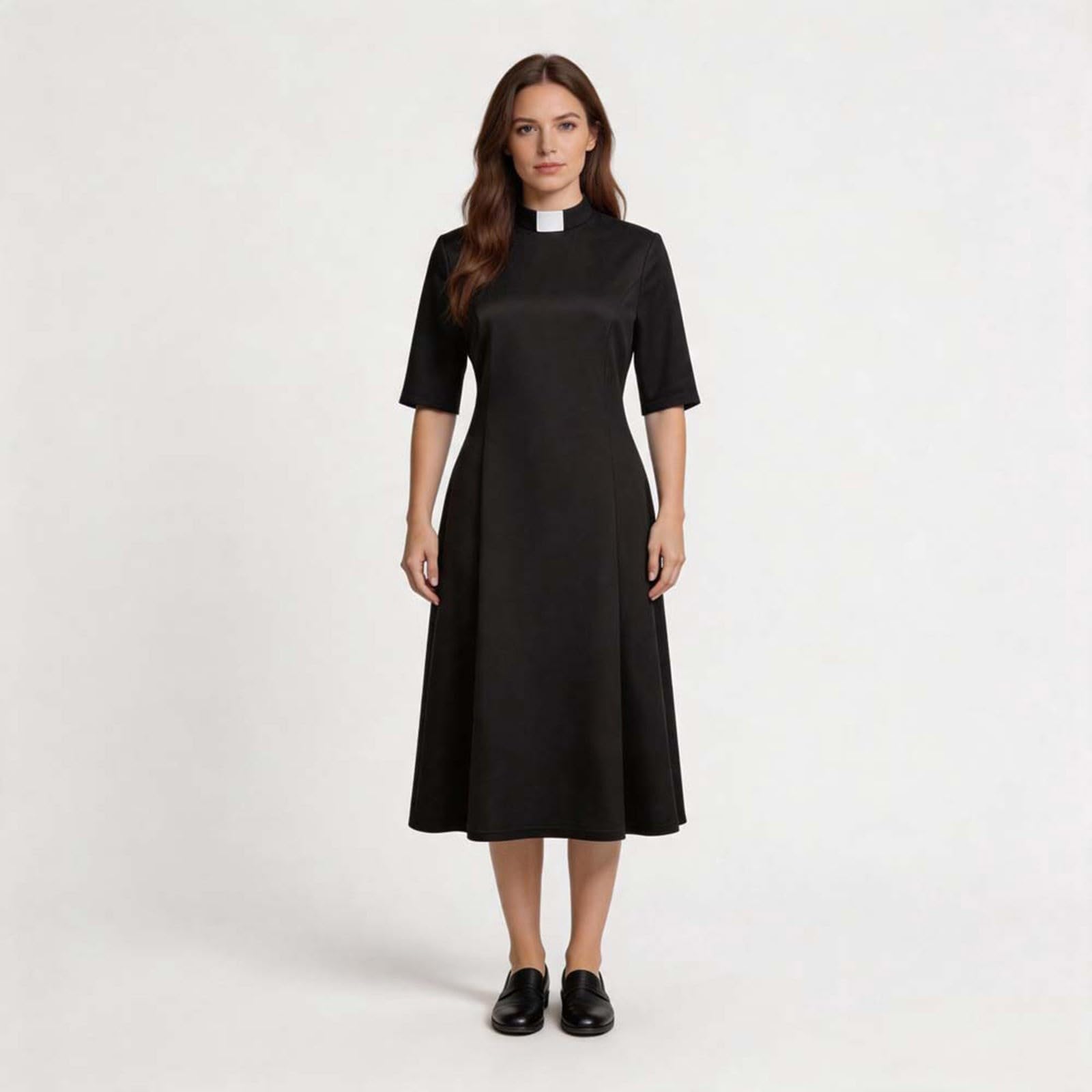Damen Trachtenkleid Dirndlkleid Midi mit Dirndlschürze Trachtenmode Oktoberfest Outfit Priesterkostüm Halloween Kirchenkleid Gothic Cosplay Outfit Gewand Halloween Costume