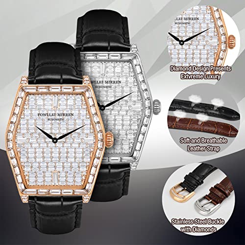Fowllei Mirren Diamond Wrist Watch For Men, Leather Band Mechanical Automatic Watch Diamond Wrist Watch For Men Unisex Analog Barrel Watch Luxury Fashion Gift Square Diamond (Silver-Leather) #TOP3