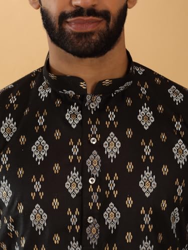 Image of KRAFT INDIA Men's Cotton Blend Geometric Printed Straight Long Regular Kurta and Elastic Waistband Pyjama Set