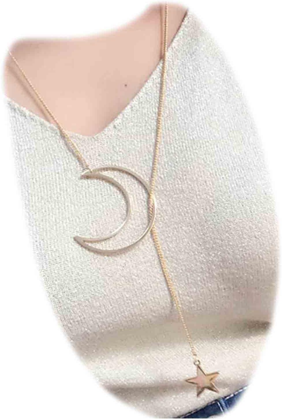 Boho Moon Star Lariat Necklace Long Gold Y Drop Necklace Chain Hollow Moon Choker Star Pendant Necklace Minimalist Y Necklace Jewellery for Women and Girls