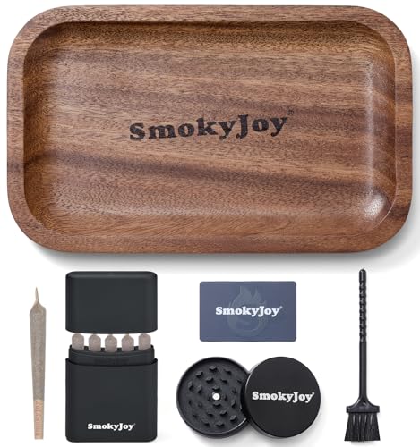 Wooden Rolling Tray Set 10.8 Inch Walnut Wood Trays Bundle with Smell Proof Cigarette Holder Case Grinder Cleaning Brush and Scoop Card Portable Accessories Kit