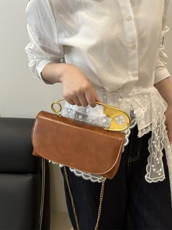 Women's Unique Safety Pin Crossbody Purse Leather Clutch Bag With Gold Handles Chain - Image 5