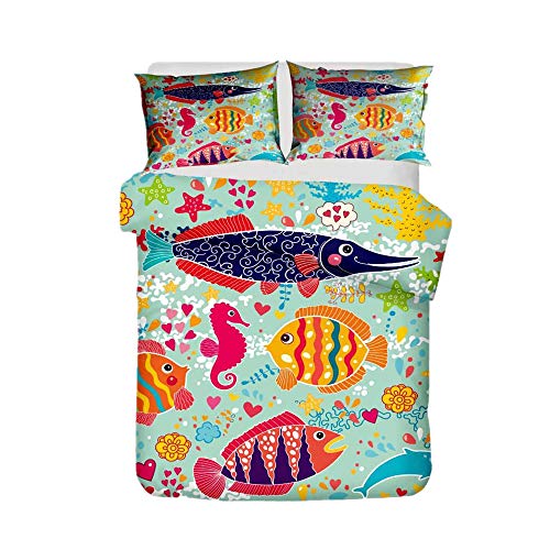 Sticker Superb Parure de Lit King Size Bleu Blanc Dauphin Tortue Poisson Baleine Polyester Housse de Couette Garçons Filles Bohême Mandala Fleurs Graffiti Taie d'oreiller (Vert, 220_x_240_cm)