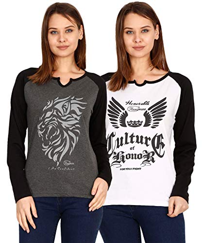 Image of FLEXIMAA Women's Cotton Printed Raglan Full Sleeve Grey Melange Charcoal & Color T-Shirt Size - Pack of 2