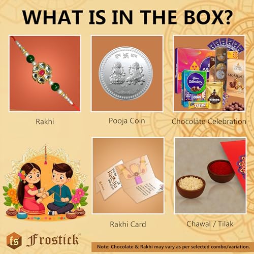 Image of Frostick Designer Rakhi With Branded Chocolate for Bhaiya /Bhai /Brother With Greeting Card, Tilak Chawal And Silver coin (Big Cadbury Celebration) (Random Design Rakhi)