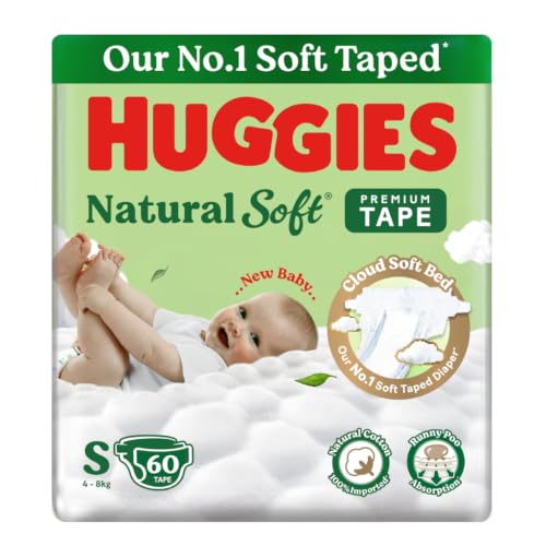 Image of Huggies Natural Soft Premium Tape Diapers Small (S) Size, 4-8 kgs, 60 Count | Our No.1 Soft Taped Diaper with Cloud Soft Bed and Runny Poo Absorption