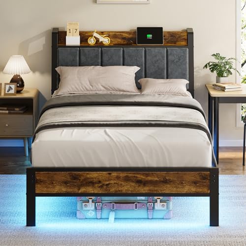 Image of Liians Twin Size Bed Frame with USB Charging Station, Smart LED Lights | Wood Storage Headboard, Metal Platform Bed, Easy Assembly, Noise Free, No Box Spring Needed